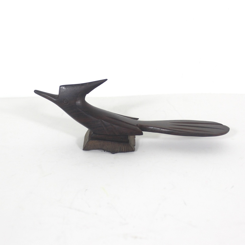 Mid Century Modern Wood Road Runner, Vintage Carved Exotic Ironwood Bird
